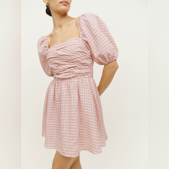 REFORMATION 100% Linen Pink Gingham Puff Sleeve Square Neck Zula Mini Dress NWT - Picture 2 of 8